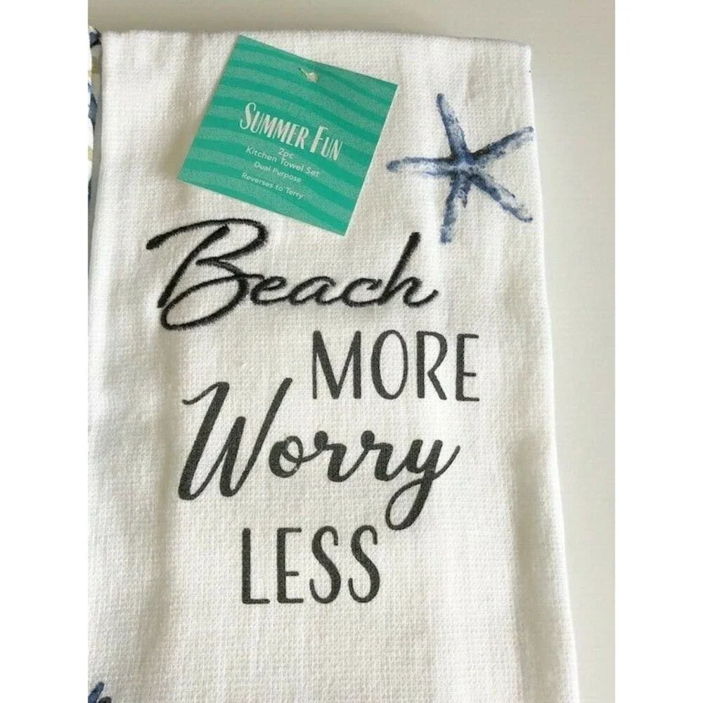 Summer Beach House Kitchen Dish Towels Beach More Worry Less Shells Set of 2